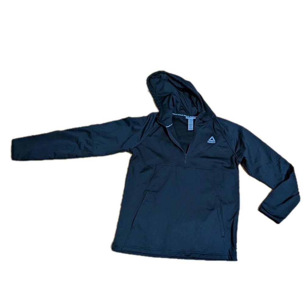 Reebok Pullover Hoodie Mens Medium‎ Stretch 1/4 Zip Pocket Logo Sweatshirt Black